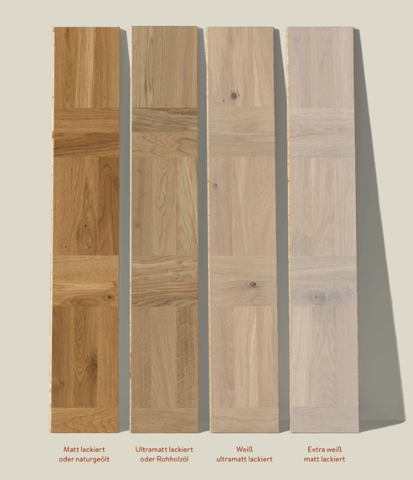 Den Flechtboden von Berg & Berg gibt es in sechs verschiedenen Oberflächen - auch in weiß und in matter Optik