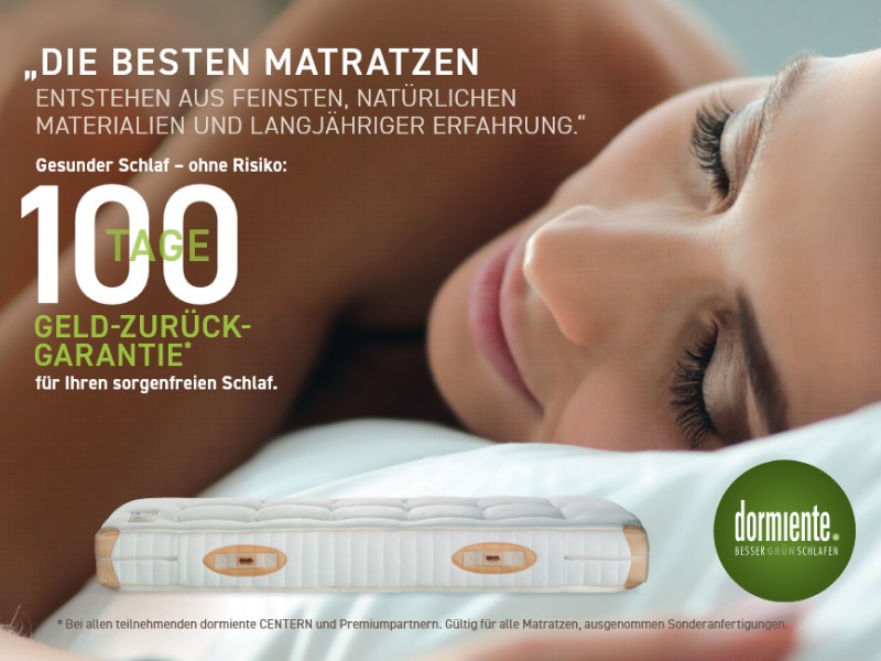 dormiente ist so überzeugt von ihren Naturlatex-Matratzen, dass Sie Ihr Geld zurück bekommen, wenn Sie nicht zufrieden sind - bis zu 100 Tage nach dem Kauf
